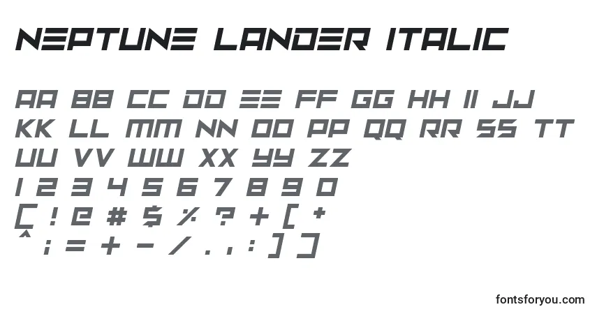 Schriftart Neptune Lander Italic – Alphabet, Zahlen, spezielle Symbole