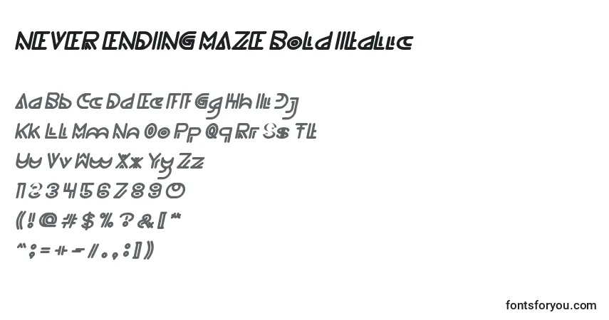 Czcionka NEVER ENDING MAZE Bold Italic – alfabet, cyfry, specjalne znaki