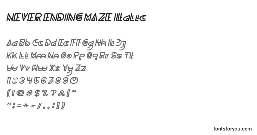 A fonte NEVER ENDING MAZE Italic – alfabeto, números, caracteres especiais