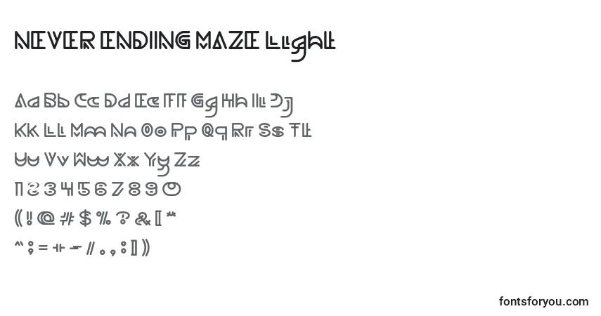Шрифт NEVER ENDING MAZE Light – алфавит, цифры, специальные символы