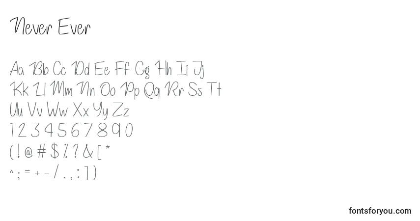 Czcionka Never Ever   – alfabet, cyfry, specjalne znaki
