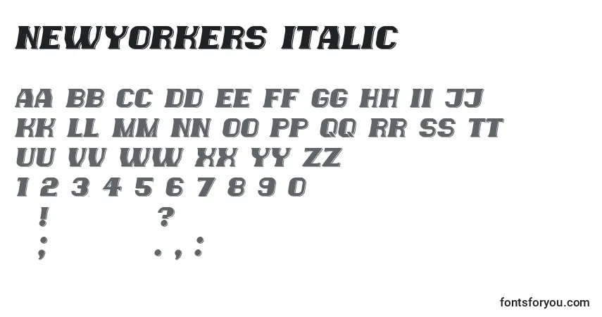 Czcionka NewYorkers Italic – alfabet, cyfry, specjalne znaki
