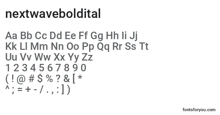 Шрифт Nextwaveboldital (135565) – алфавит, цифры, специальные символы