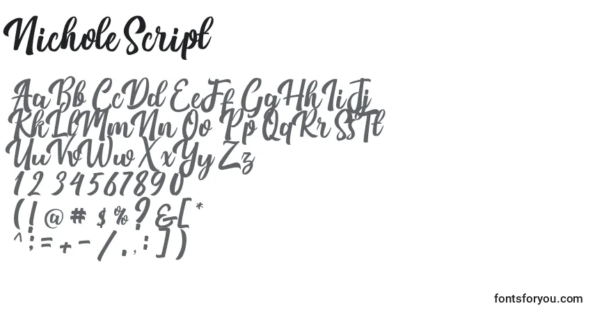 A fonte Nichole Script – alfabeto, números, caracteres especiais
