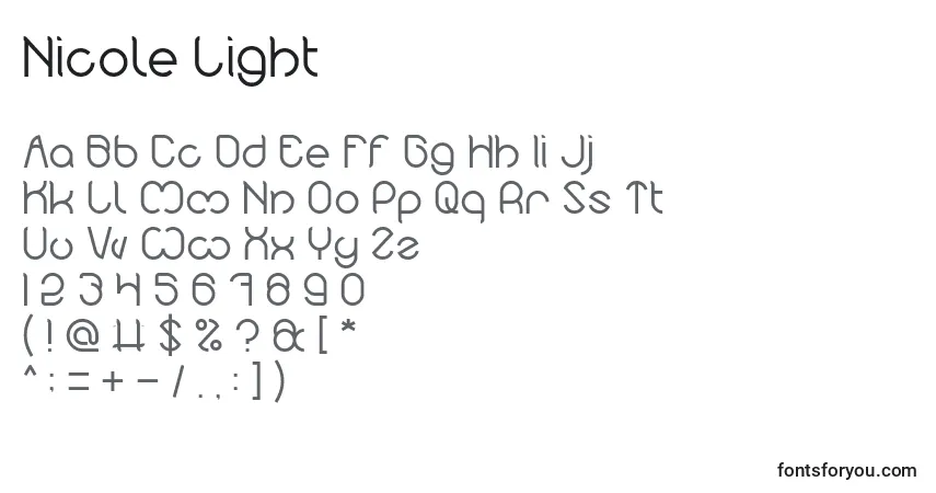 A fonte Nicole Light – alfabeto, números, caracteres especiais