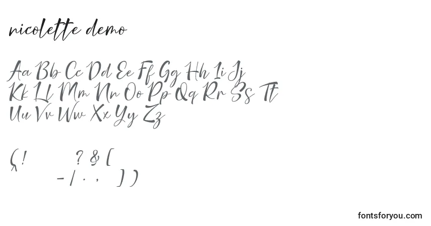 Schriftart Nicolette demo – Alphabet, Zahlen, spezielle Symbole