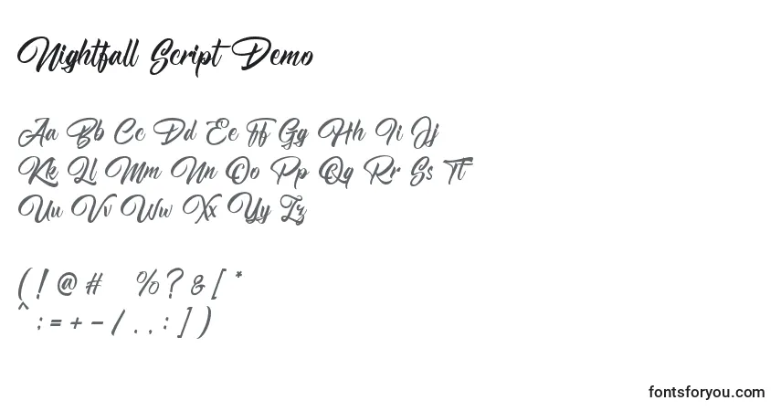 A fonte Nightfall Script Demo – alfabeto, números, caracteres especiais