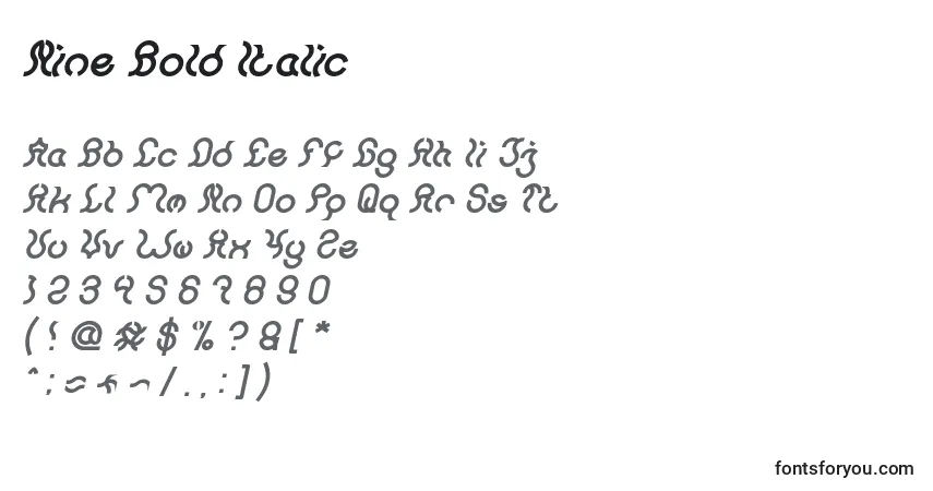 Czcionka Nine Bold Italic – alfabet, cyfry, specjalne znaki