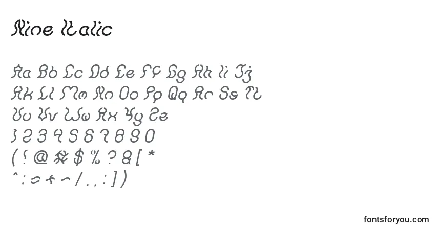 A fonte Nine Italic – alfabeto, números, caracteres especiais