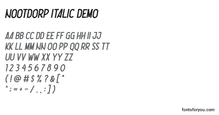 Schriftart Nootdorp Italic Demo – Alphabet, Zahlen, spezielle Symbole