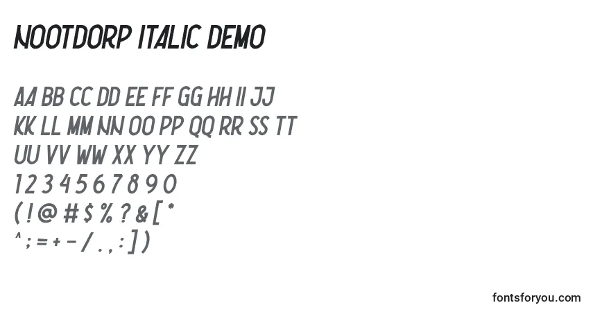 Schriftart Nootdorp Italic Demo (135693) – Alphabet, Zahlen, spezielle Symbole