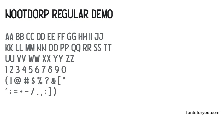 Schriftart Nootdorp Regular Demo (135697) – Alphabet, Zahlen, spezielle Symbole