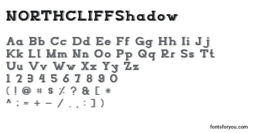 Шрифт NORTHCLIFFShadow – алфавит, цифры, специальные символы