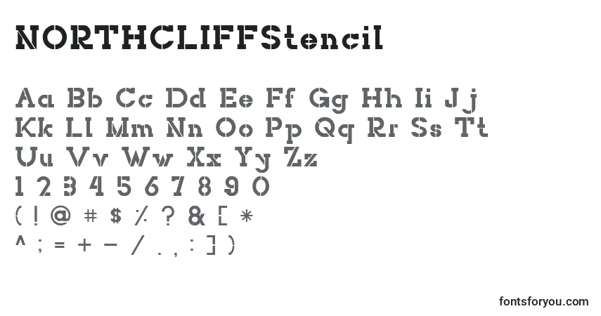 Czcionka NORTHCLIFFStencil – alfabet, cyfry, specjalne znaki