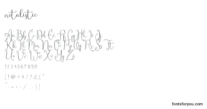 A fonte Notalistic (135765) – alfabeto, números, caracteres especiais