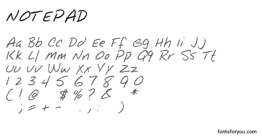 A fonte NOTEPAD  – alfabeto, números, caracteres especiais