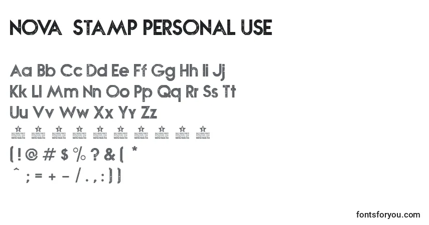 A fonte NOVA  STAMP PERSONAL USE – alfabeto, números, caracteres especiais