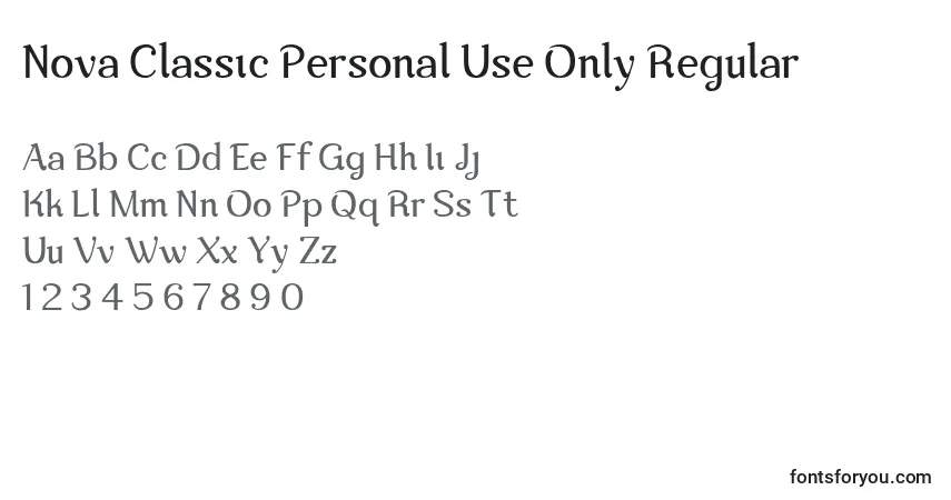 Schriftart Nova Classic Personal Use Only Regular – Alphabet, Zahlen, spezielle Symbole