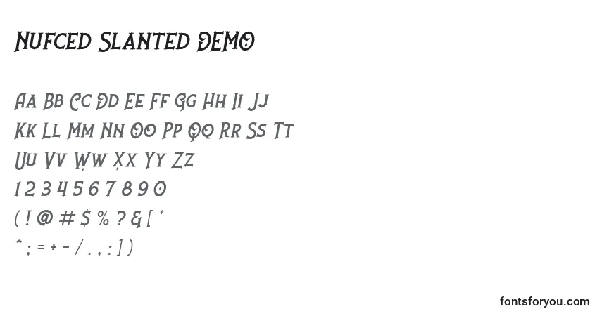 Шрифт Nufced Slanted DEMO (135812) – алфавит, цифры, специальные символы
