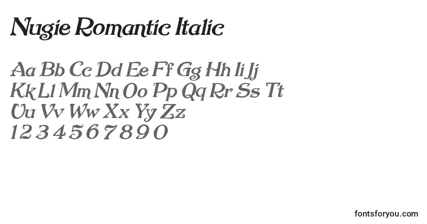A fonte Nugie Romantic Italic – alfabeto, números, caracteres especiais