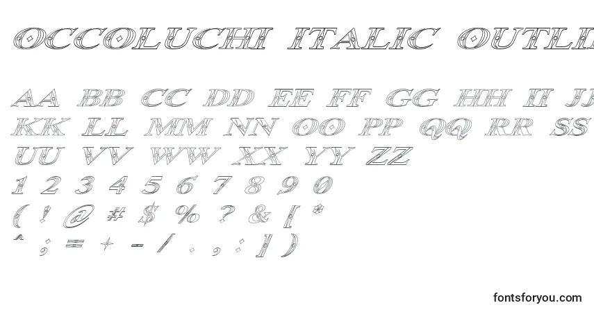 Czcionka Occoluchi Italic Outline – alfabet, cyfry, specjalne znaki