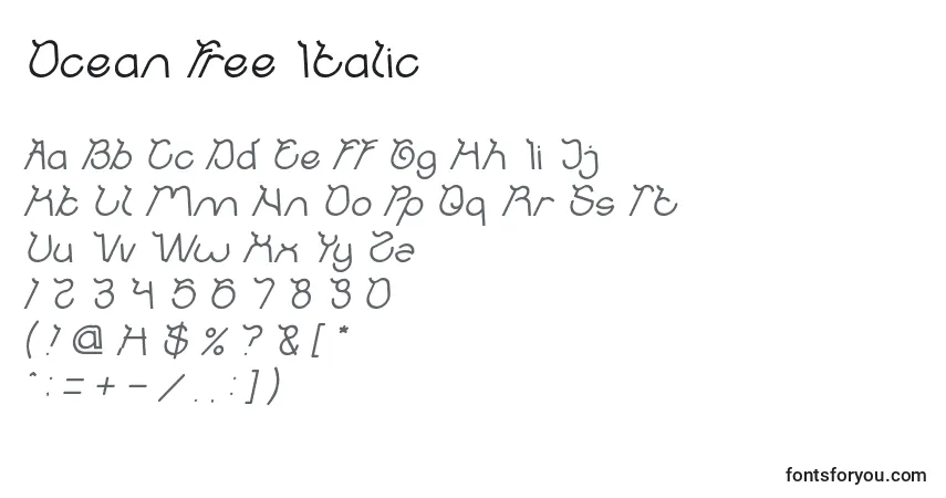 Schriftart Ocean Free Italic – Alphabet, Zahlen, spezielle Symbole