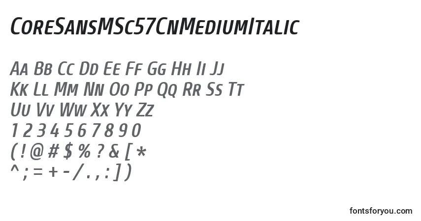 Czcionka CoreSansMSc57CnMediumItalic – alfabet, cyfry, specjalne znaki