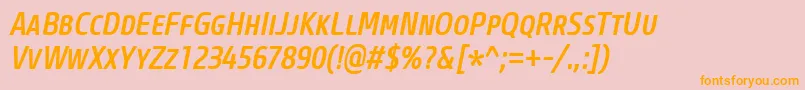 フォントCoreSansMSc57CnMediumItalic – オレンジの文字がピンクの背景にあります。