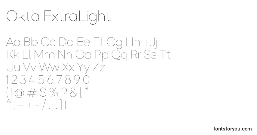 A fonte Okta ExtraLight – alfabeto, números, caracteres especiais