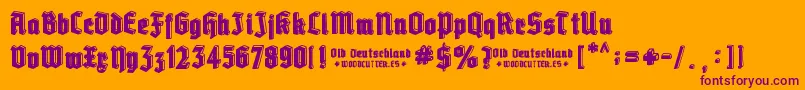 Old Deutschland-fontti – violetit fontit oranssilla taustalla