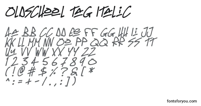 A fonte Oldschool Tag Italic – alfabeto, números, caracteres especiais