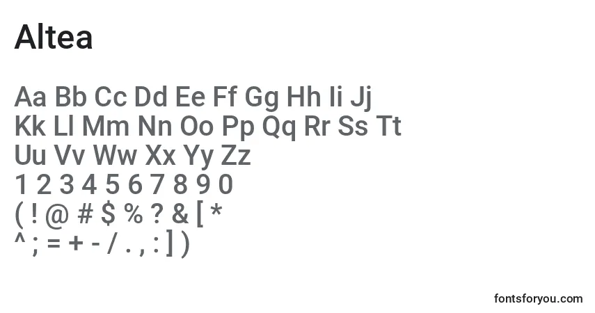 Czcionka Altea – alfabet, cyfry, specjalne znaki