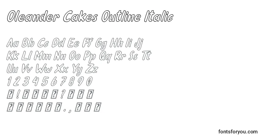 Schriftart Oleander Cakes Outline Italic – Alphabet, Zahlen, spezielle Symbole