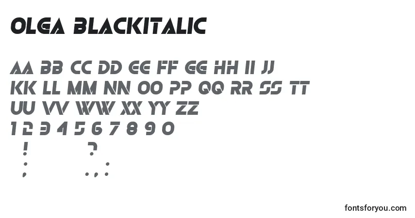 A fonte Olga BlackItalic – alfabeto, números, caracteres especiais