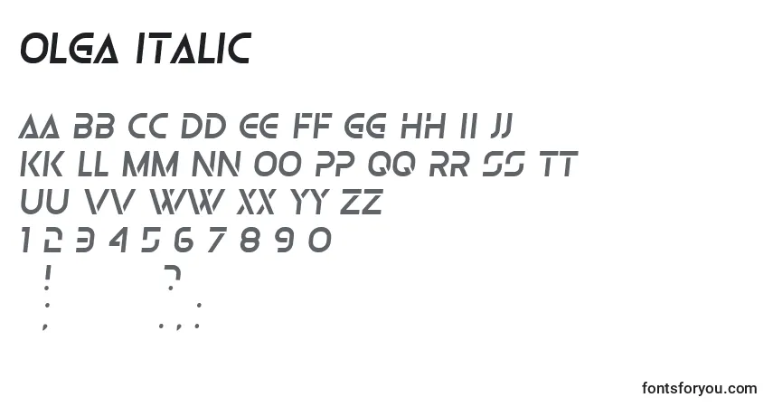 Czcionka Olga Italic – alfabet, cyfry, specjalne znaki