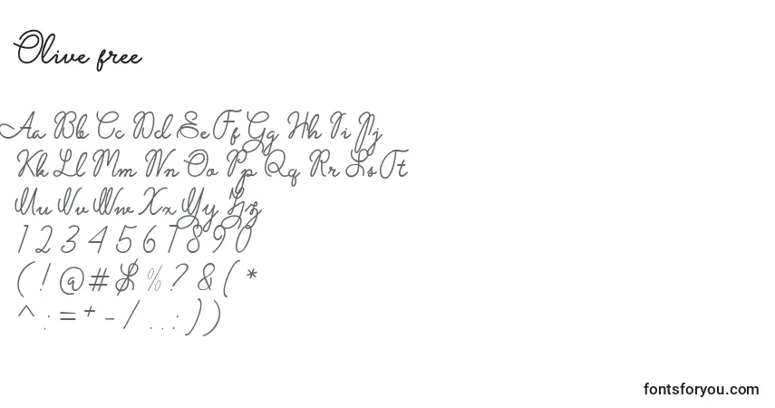 Schriftart Olive free – Alphabet, Zahlen, spezielle Symbole