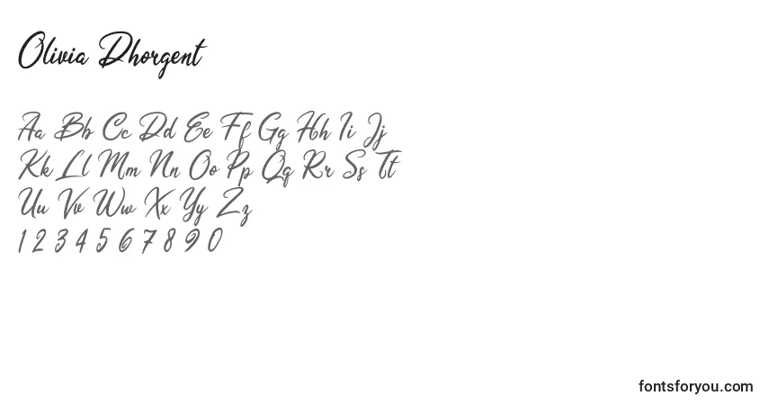 Schriftart Olivia Dhorgent – Alphabet, Zahlen, spezielle Symbole