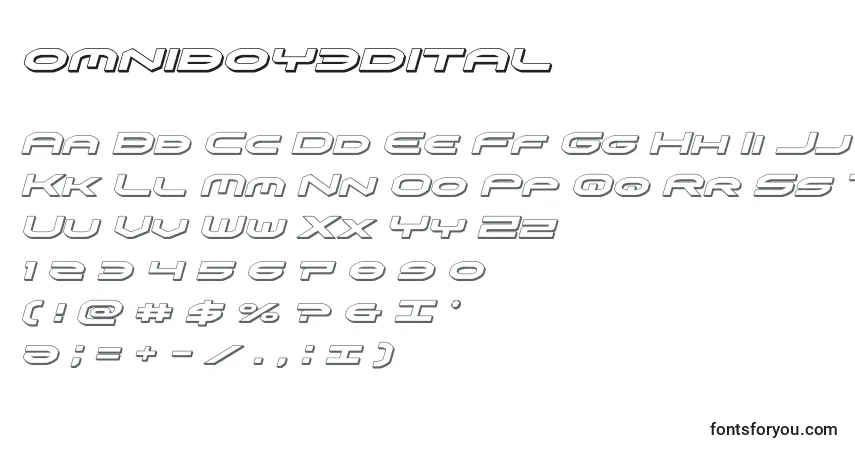 Czcionka Omniboy3dital – alfabet, cyfry, specjalne znaki