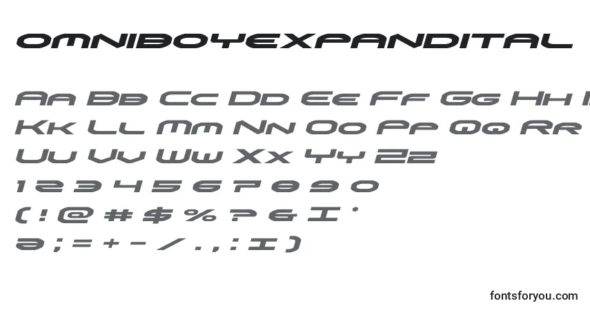 Schriftart Omniboyexpandital – Alphabet, Zahlen, spezielle Symbole
