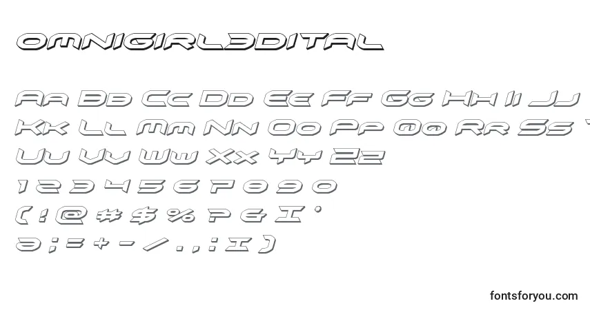 Schriftart Omnigirl3dital (136073) – Alphabet, Zahlen, spezielle Symbole