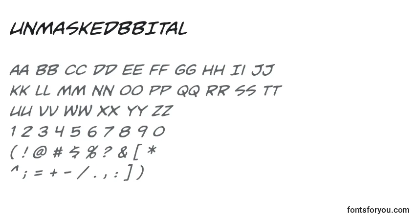 Czcionka UnmaskedbbItal – alfabet, cyfry, specjalne znaki