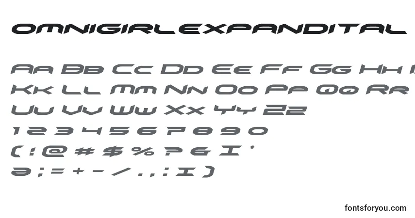 Schriftart Omnigirlexpandital – Alphabet, Zahlen, spezielle Symbole