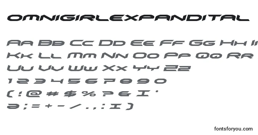 A fonte Omnigirlexpandital (136081) – alfabeto, números, caracteres especiais