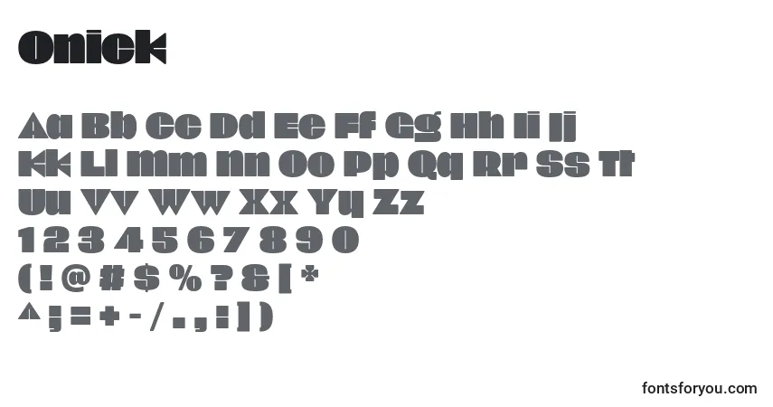 A fonte Onick (136121) – alfabeto, números, caracteres especiais