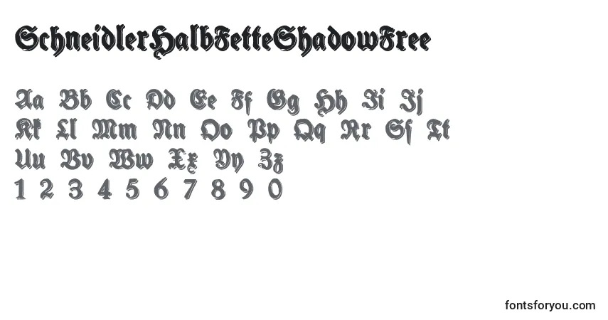Шрифт SchneidlerHalbFetteShadowFree – алфавит, цифры, специальные символы