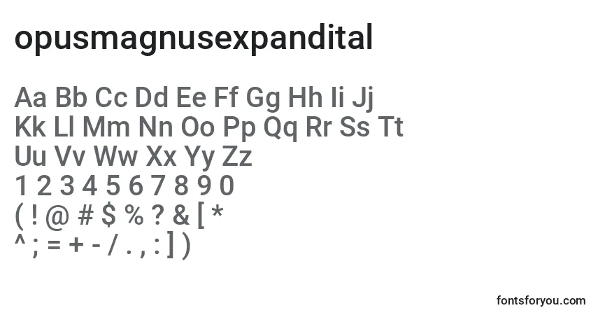 A fonte Opusmagnusexpandital (136179) – alfabeto, números, caracteres especiais