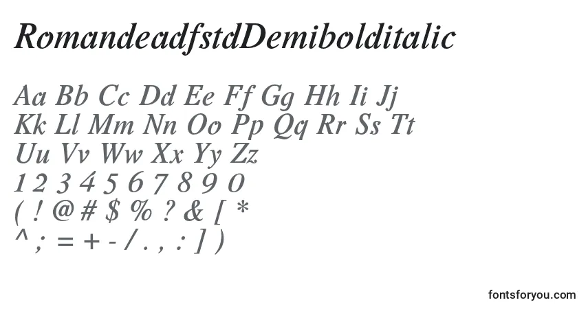 A fonte RomandeadfstdDemibolditalic – alfabeto, números, caracteres especiais