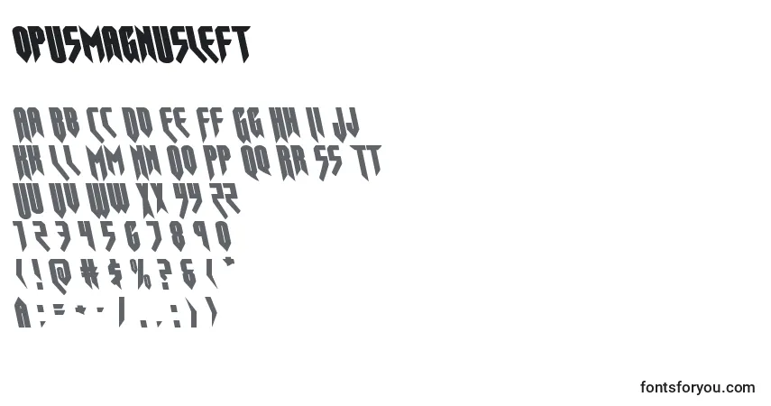 A fonte Opusmagnusleft (136185) – alfabeto, números, caracteres especiais