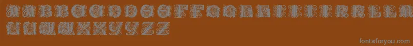 Paulusfranckinitialen-fontti – harmaat kirjasimet ruskealla taustalla