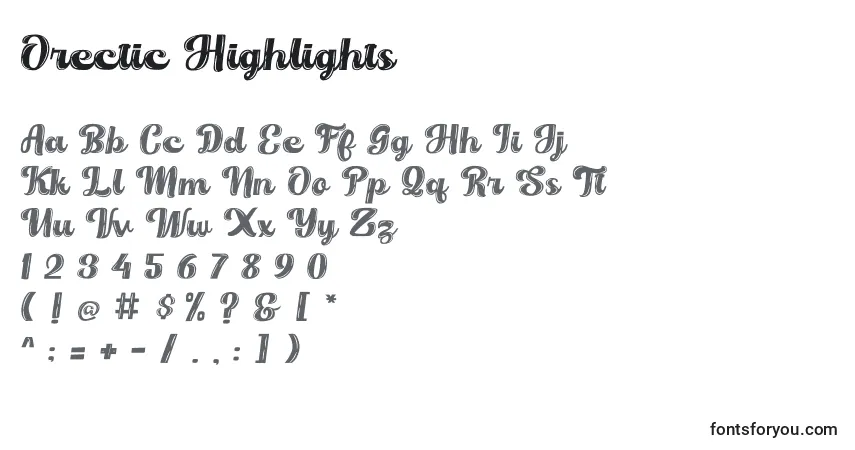 Orectic Highlightsフォント–アルファベット、数字、特殊文字